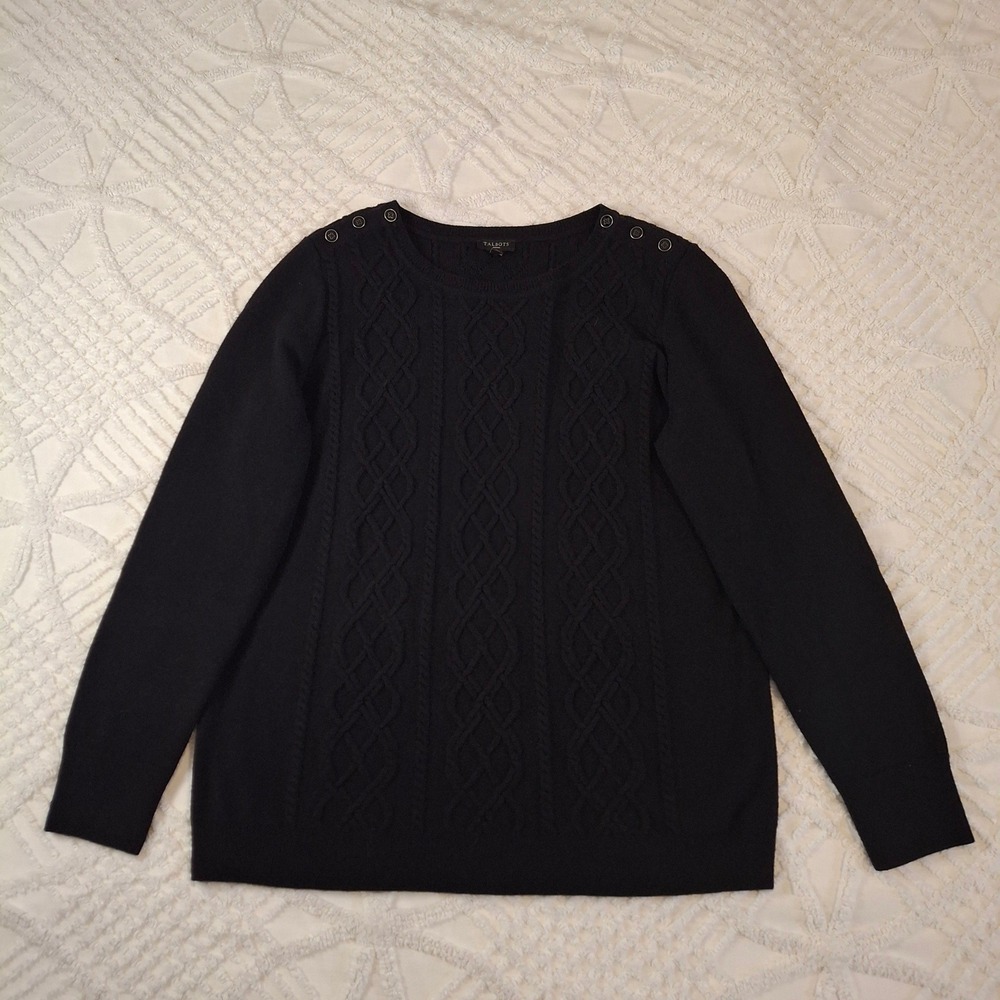 Talbots Womens X Sweater Black Cable Knit Shoulder Button Lambswool Blend